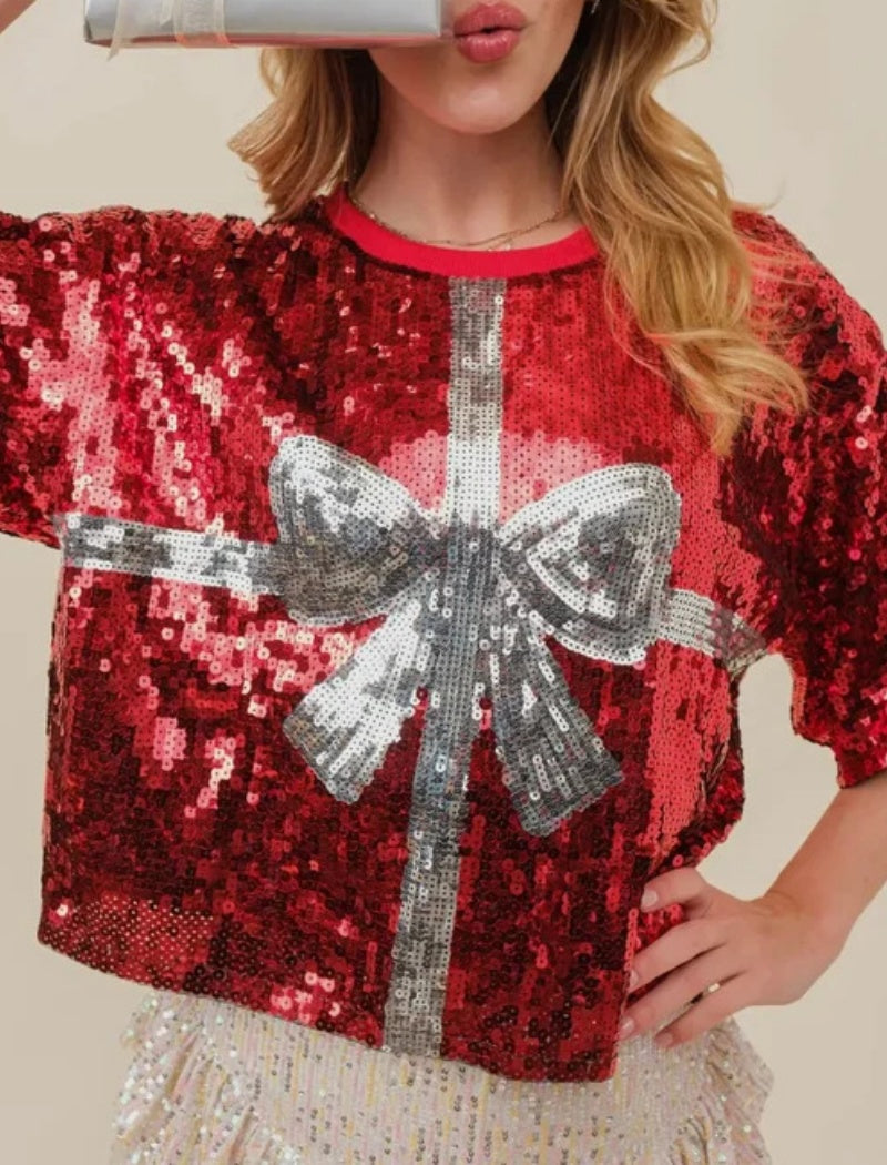 Sequin Gift Bow Cropped Top