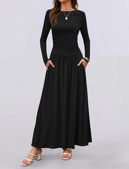 Long-Sleeve Pleated Maxi Dress