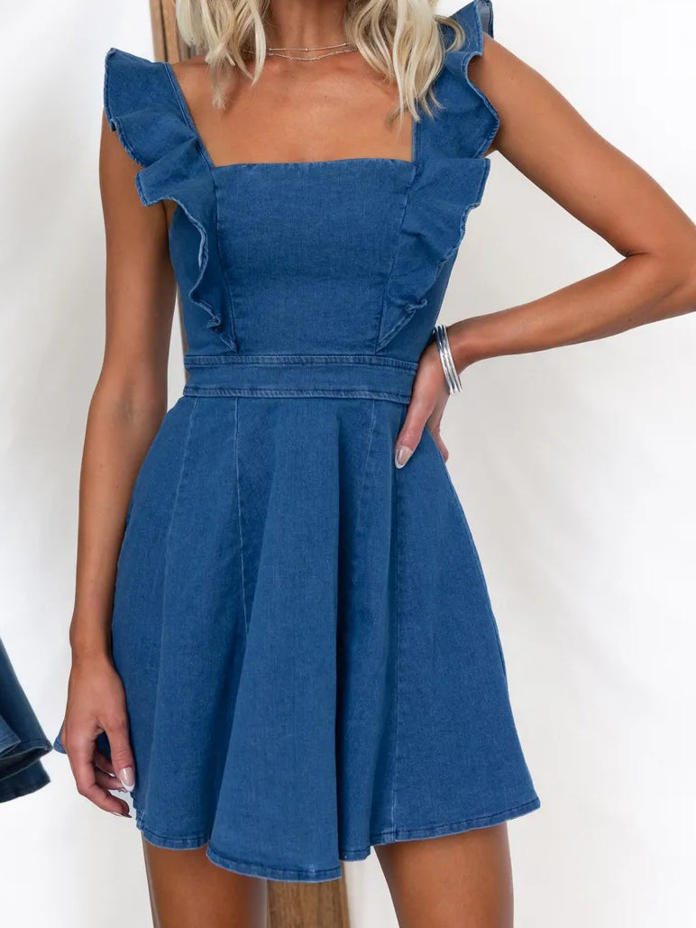 Ruffle Trim Denim Mini Dress