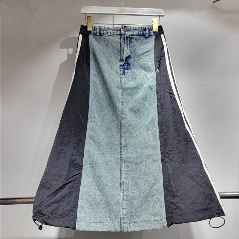 Contrast Panel Denim A-Line Skirt with Drawstring Hem