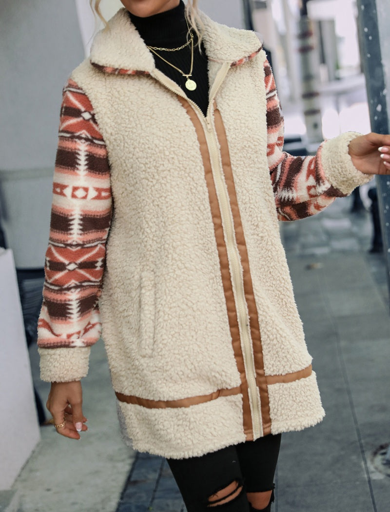 Colorblock Printed Long Coat with Lapels