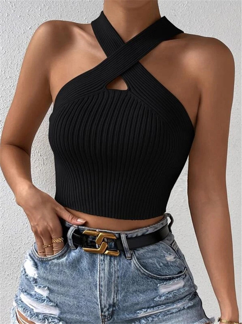 Cross Halter Ribbed Crop Top