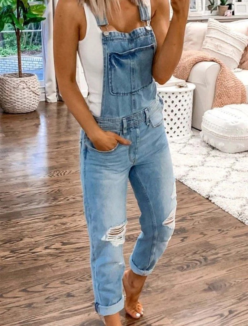 Double Strap Ripped Denim Jumpsuit