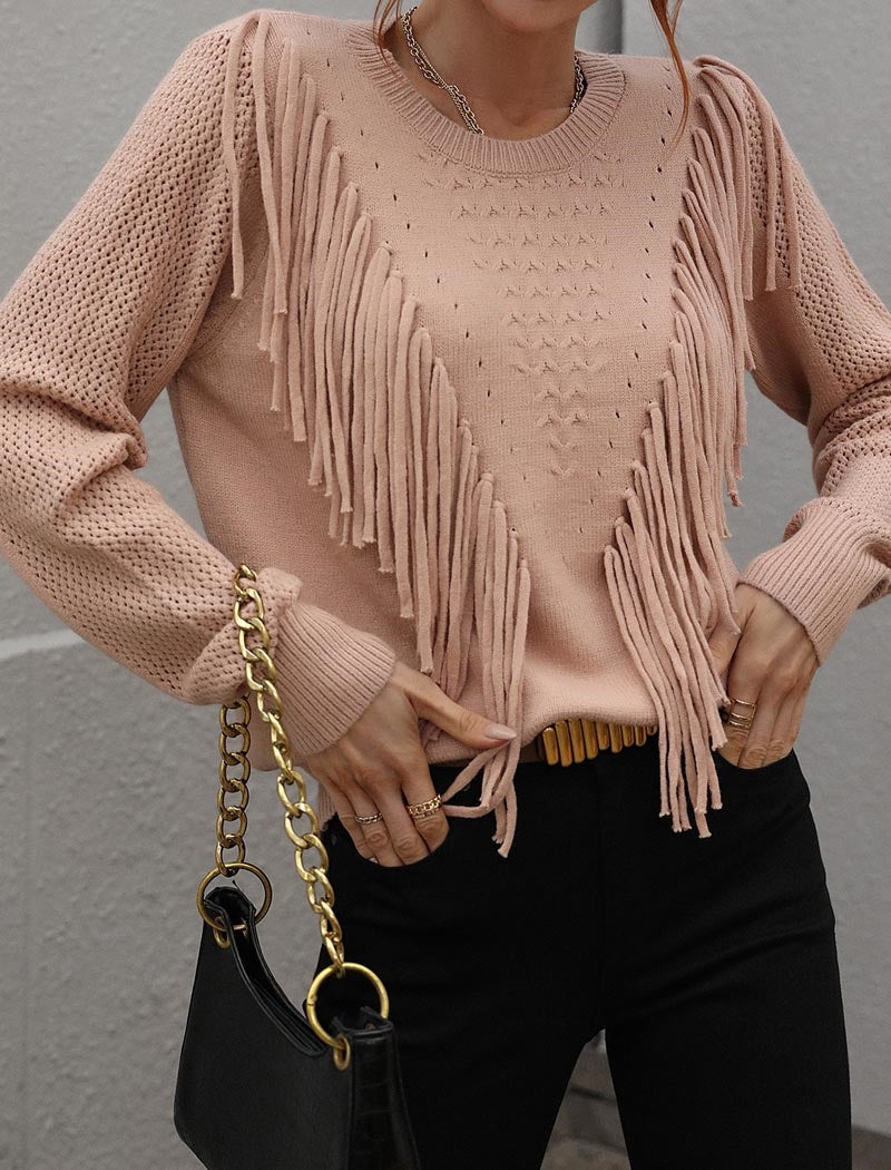 Fringe Accent Knit Crew Neck Sweater