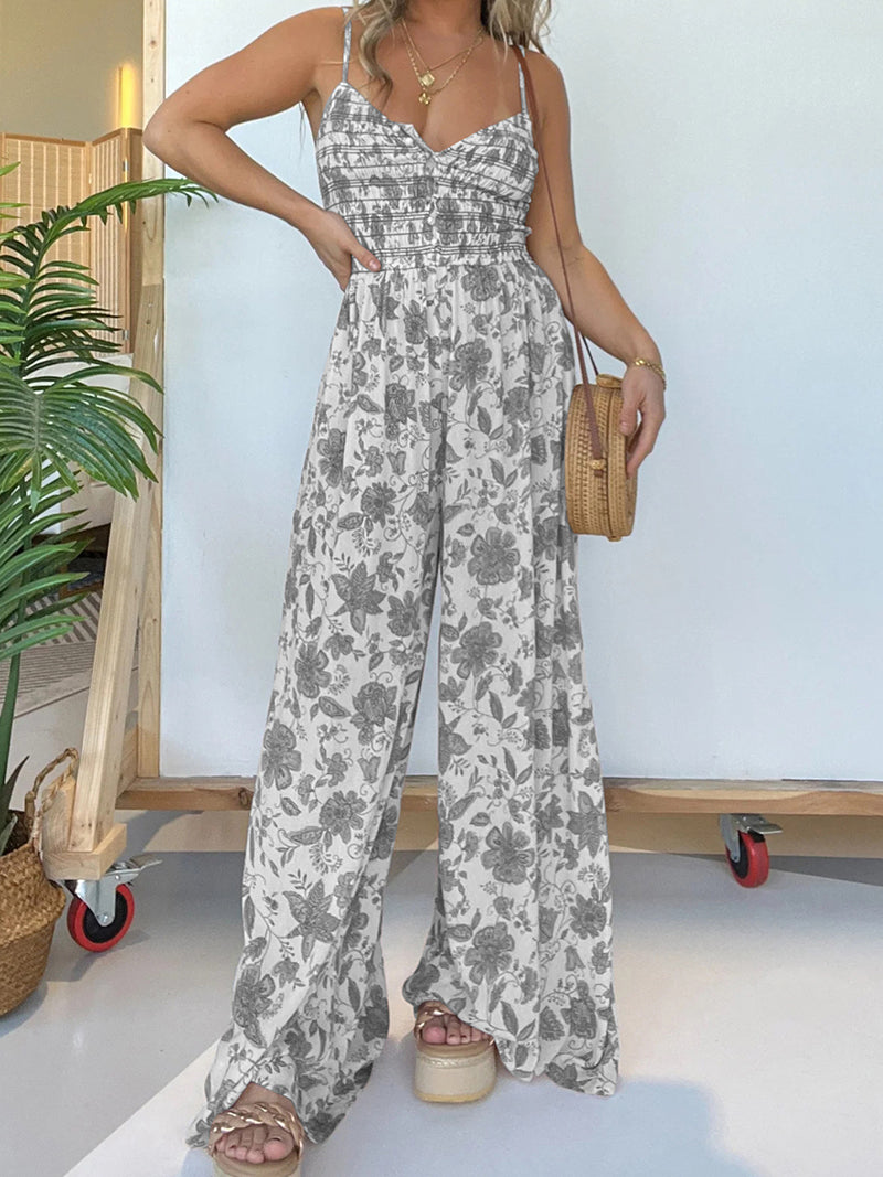 Floral Print Smocked Wide-Leg Jumpsuit