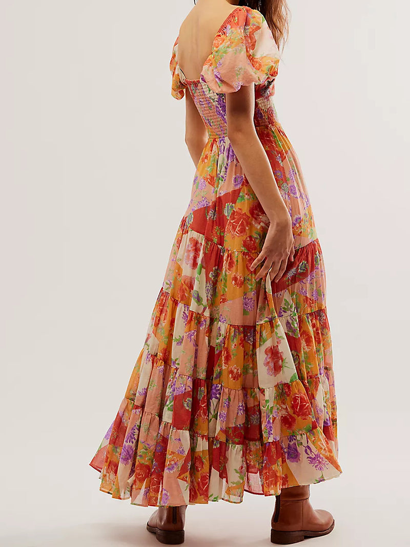 Floral Print Puff Sleeve Maxi Dress