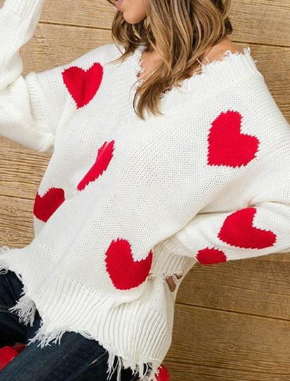 Heart Pattern Distressed V-Neck Sweater