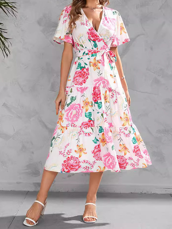 Floral Print Self-Tie Midi Dress