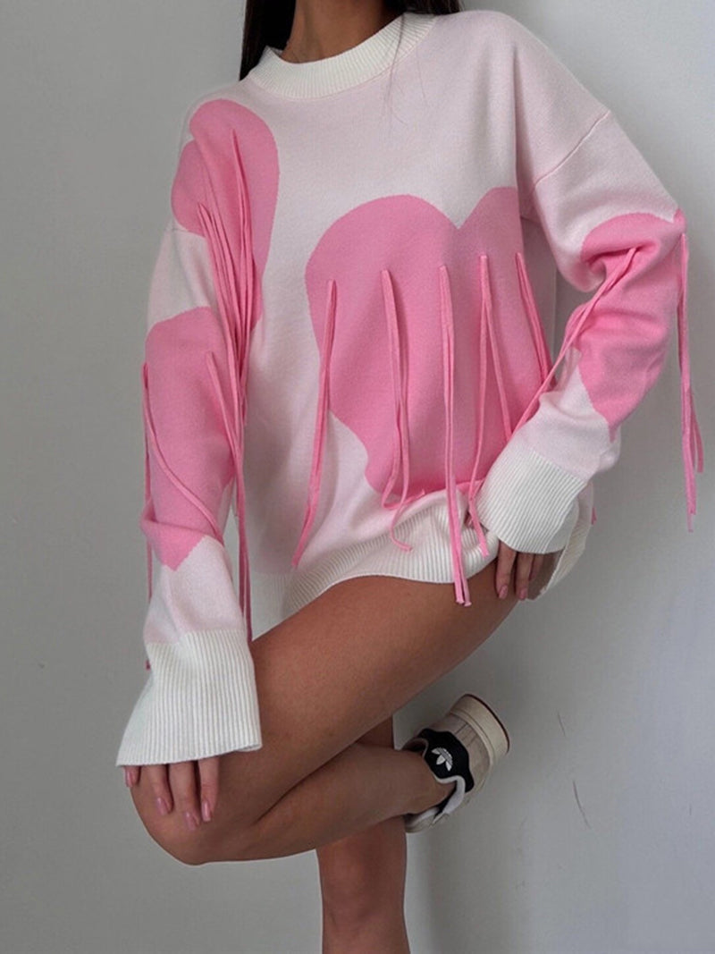 Heart Graphic Fringe Sweater