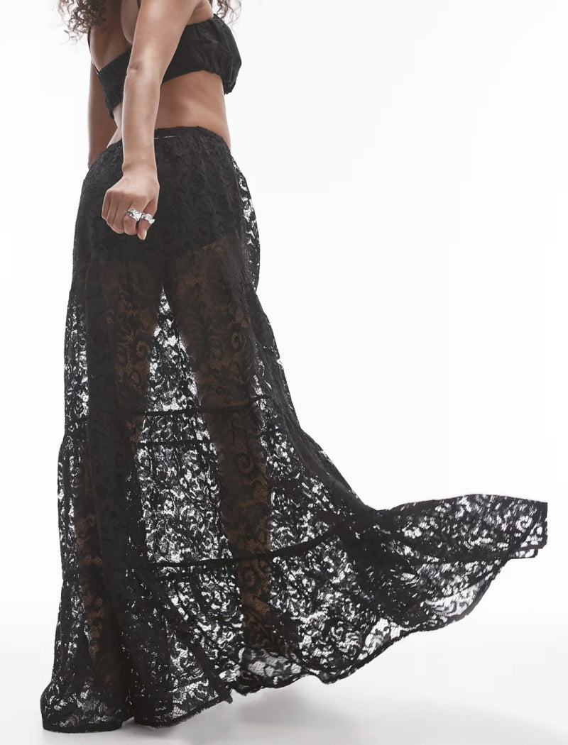 Sheer Lace Maxi Skirt with Layered Design