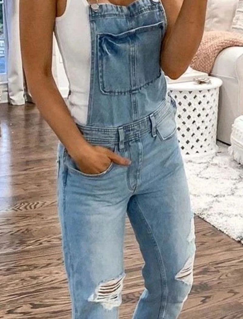 Double Strap Ripped Denim Jumpsuit