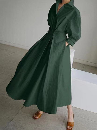 Pleated Waist Long Shirt Dress