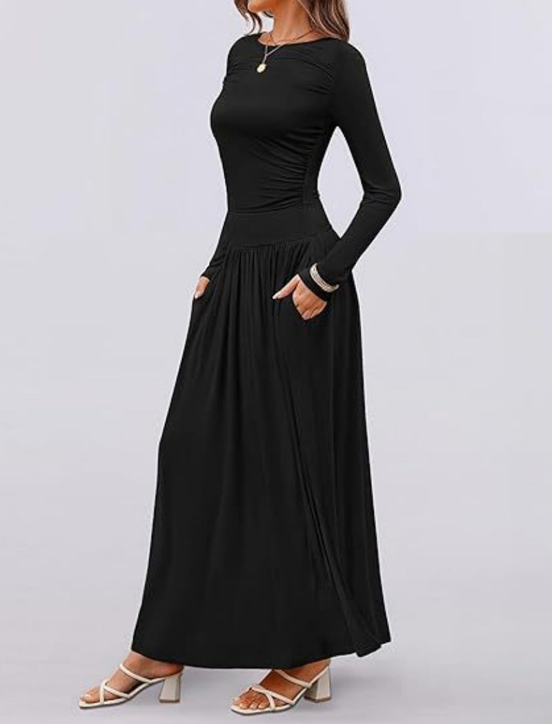 Long-Sleeve Pleated Maxi Dress