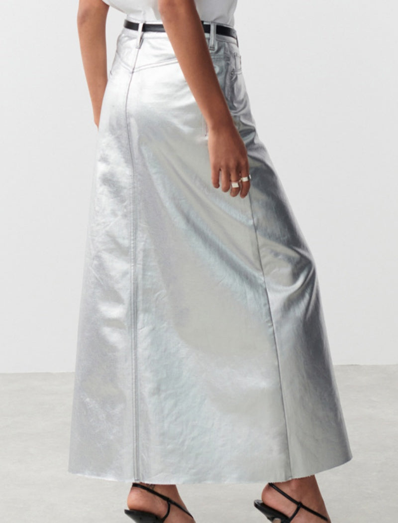 Metallic High-Waisted Maxi Skirt with Front Slit