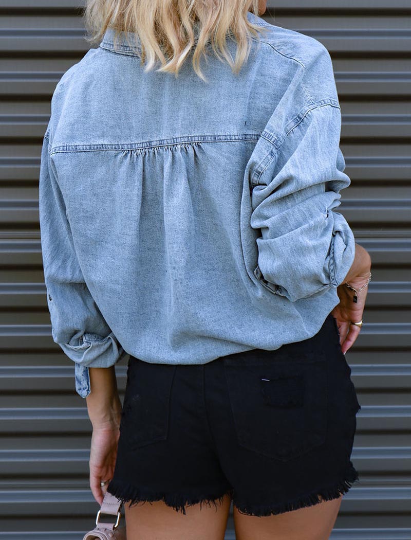 Drawstring Denim Crop Shirt