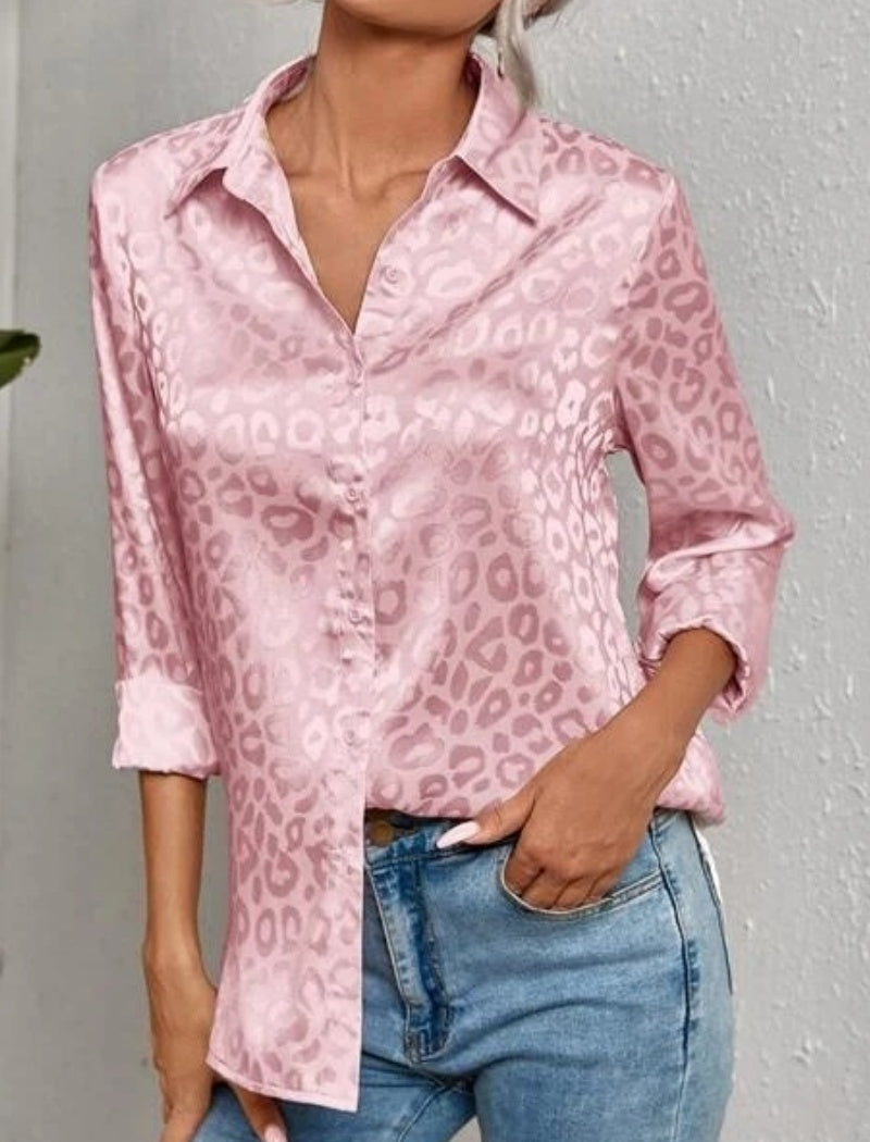 Leopard Print Satin Button-Up Top