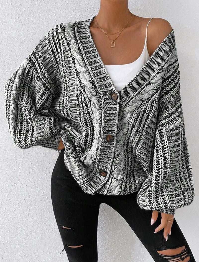 Mid-Length Lantern Sleeve Knit Cardigan