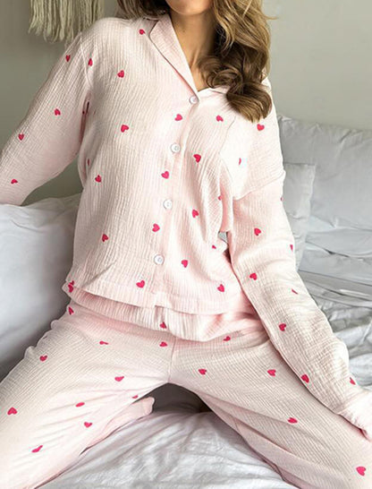 Heart Print Long Sleeve Pajama Set