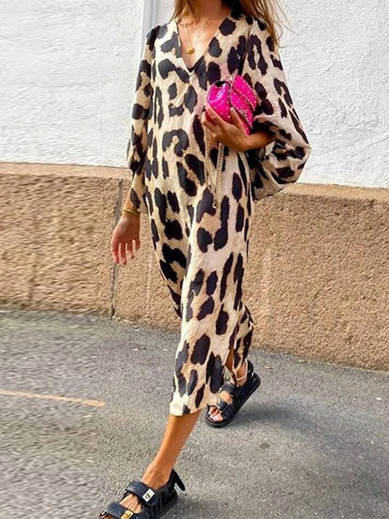 Leopard Print V-Neck Midi Dress