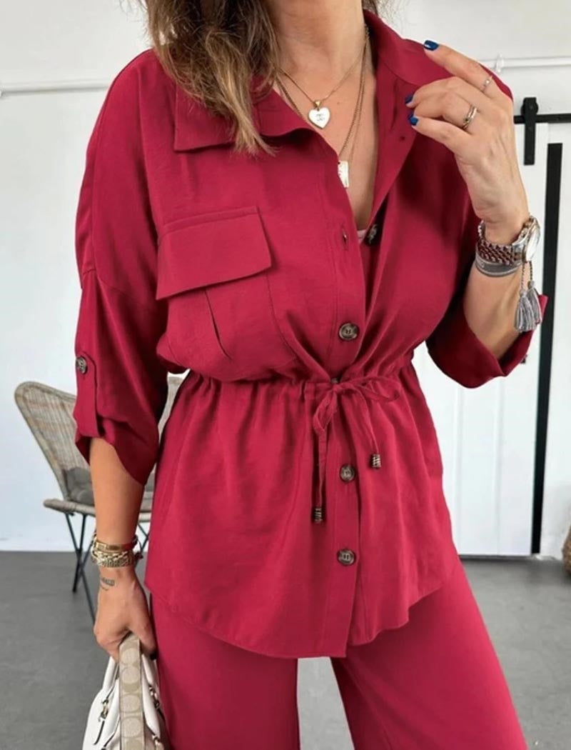 Loose Casual Drawstring Pocket Button Set