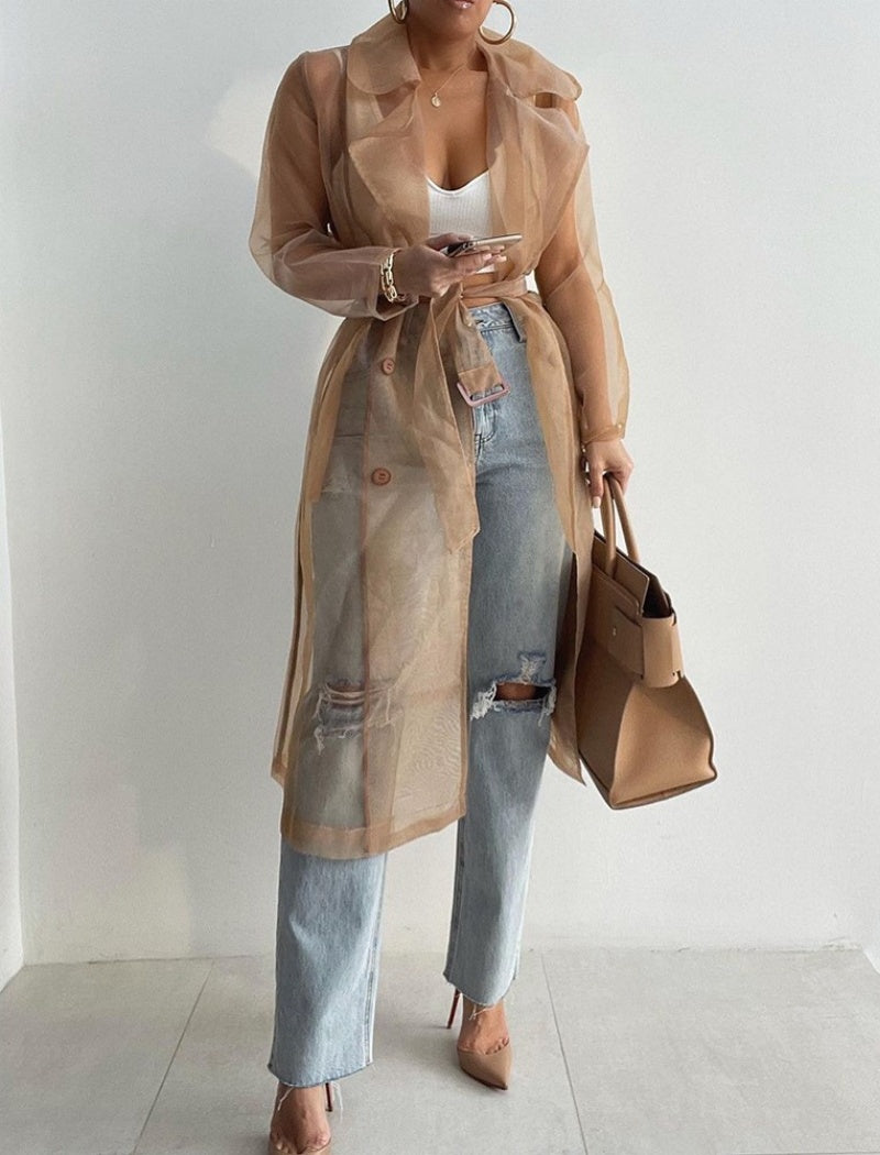 Sheer Mesh Belted Cardigan