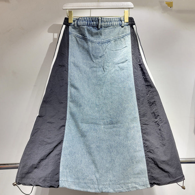 Contrast Panel Denim A-Line Skirt with Drawstring Hem