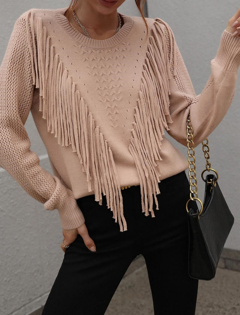 Fringe Accent Knit Crew Neck Sweater