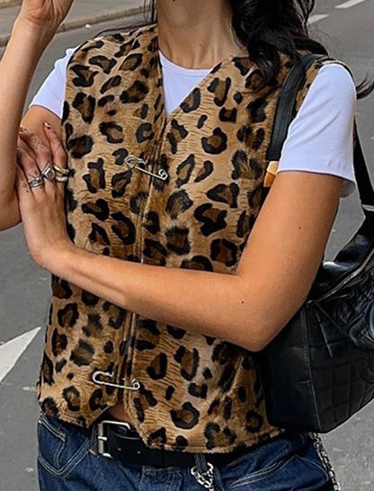 Toggle Fasten Fuzzy Leopard Vest