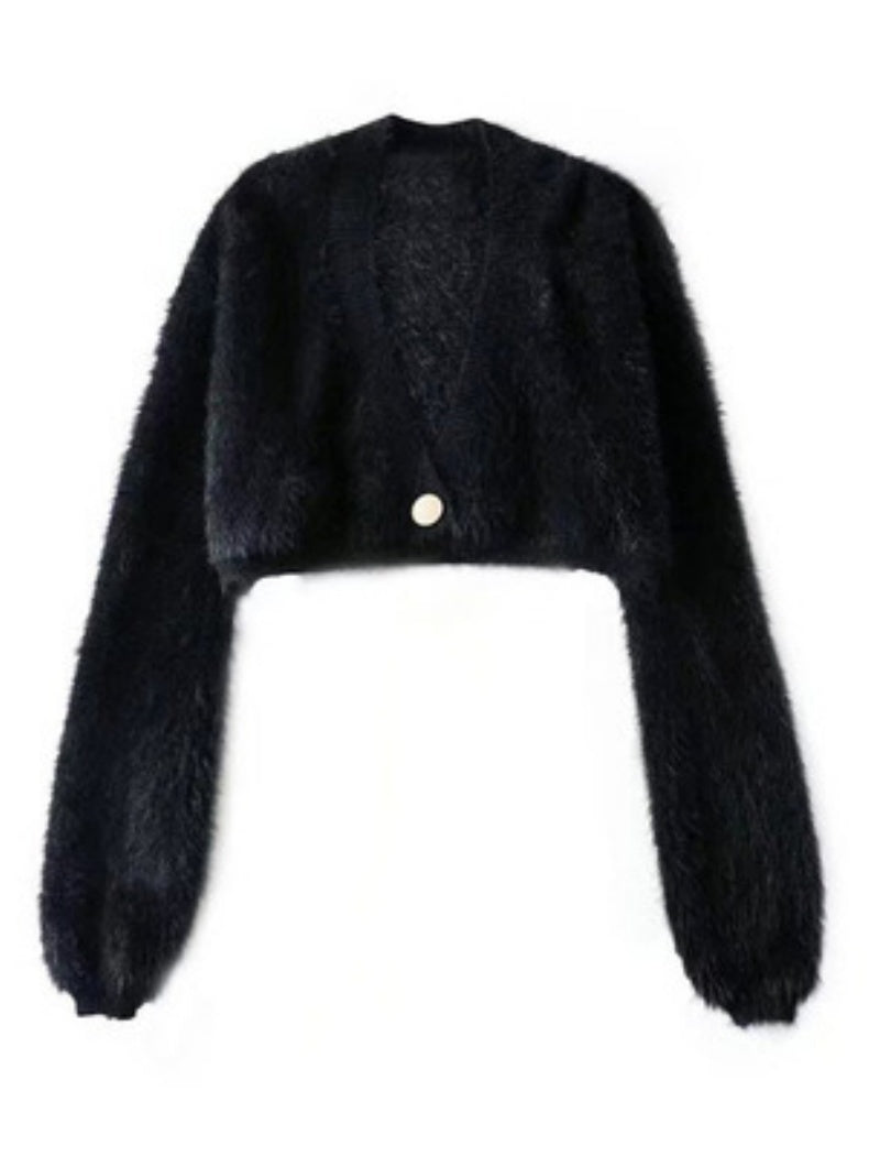 Cropped Furry Cardigan with Button Closure