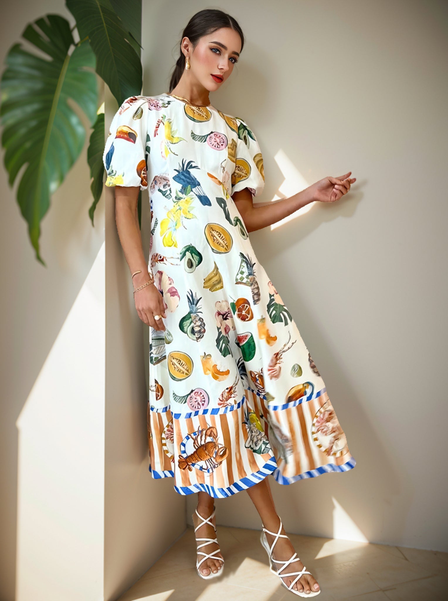 Graphic Print Puff Sleeve Midi Dress