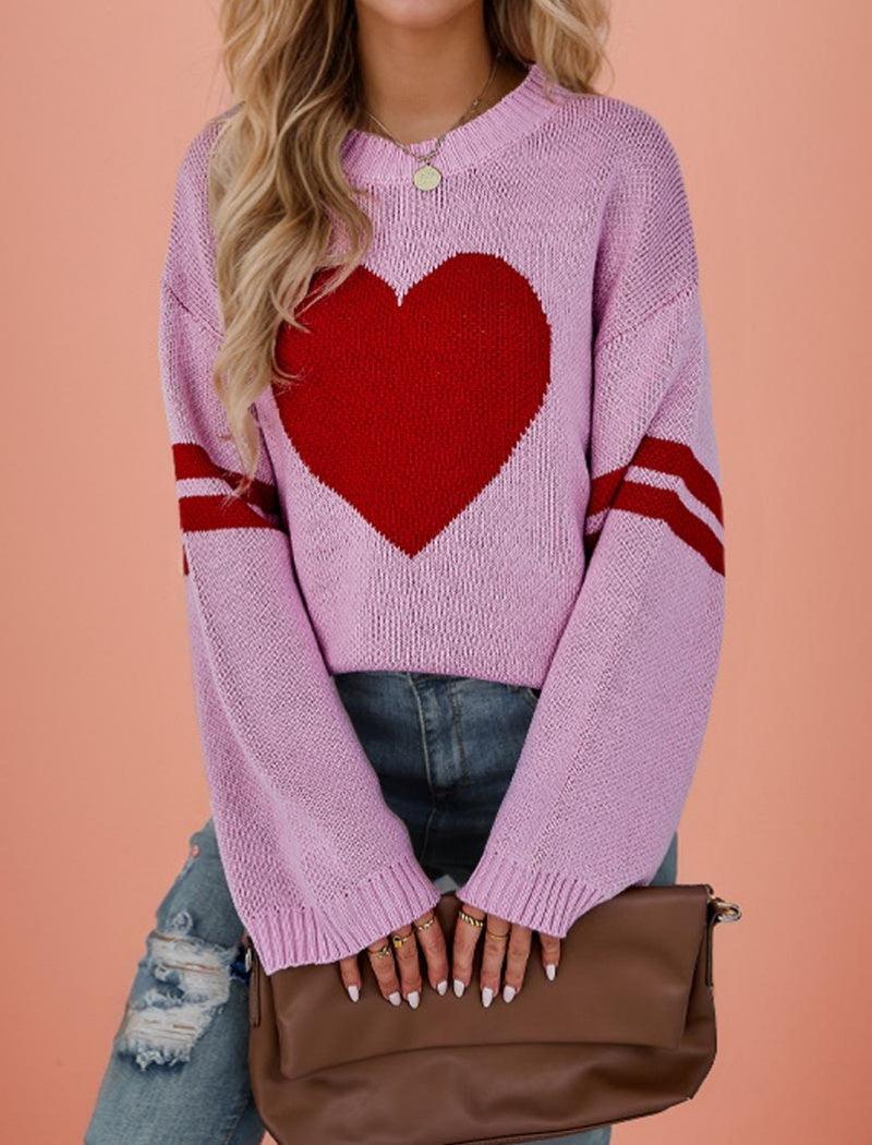 Heart Patterned Knit Sweater with Striped Sleeves