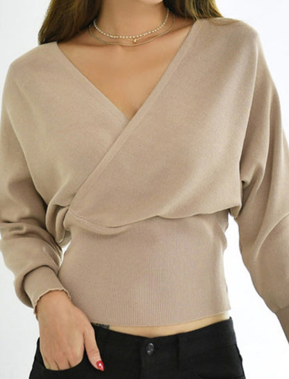 Deep V-Neck Batwing Sleeve Knit Sweater