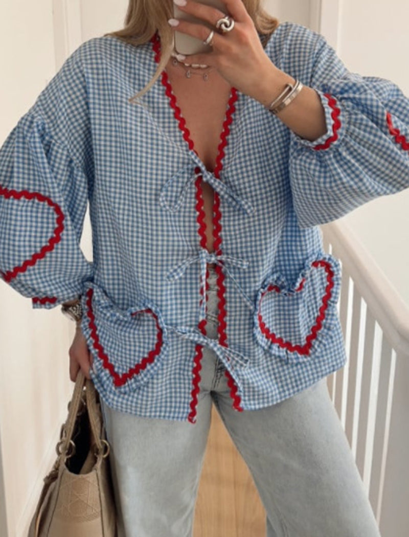 Heart Pocket Checkered Loose Long Sleeve Shirt