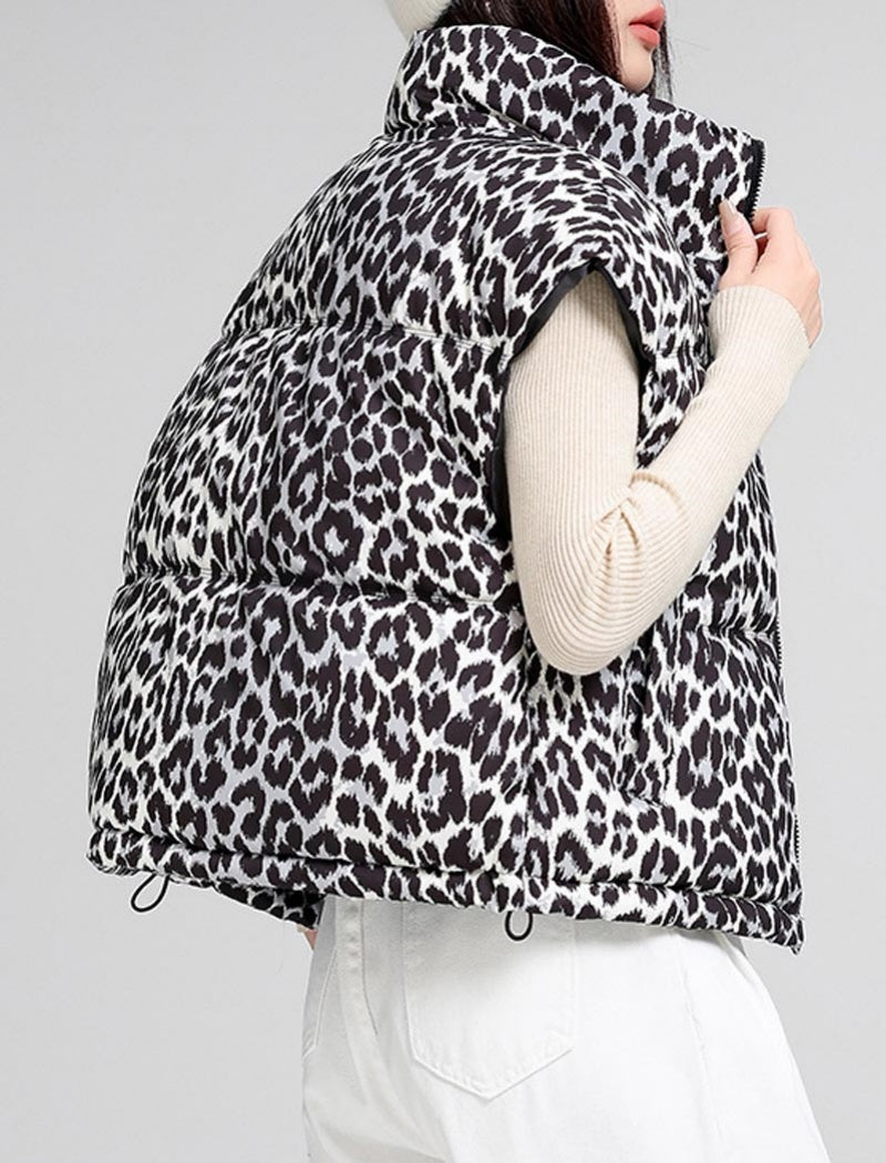 Sleeveless Leopard Print Puffer Vest