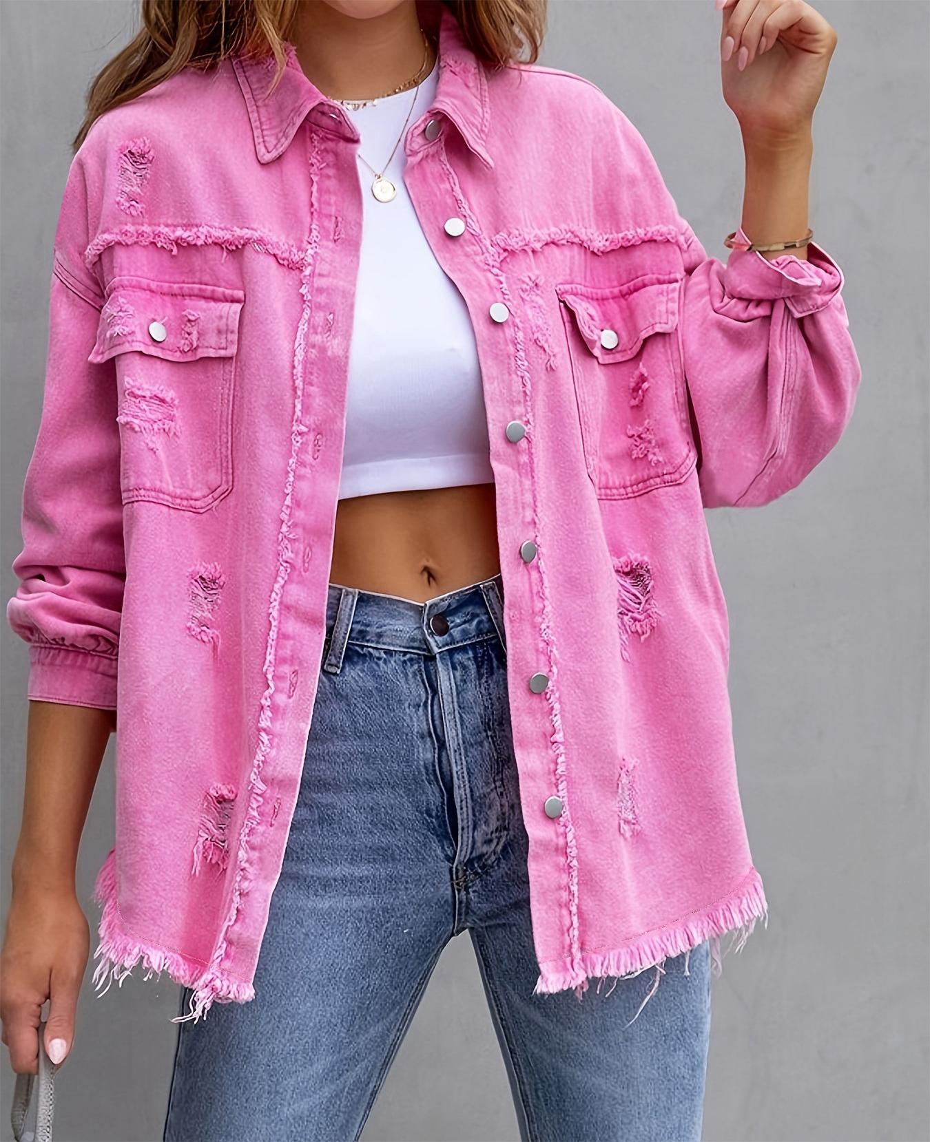 Solid Mid-Length Ripped Denim Jacket