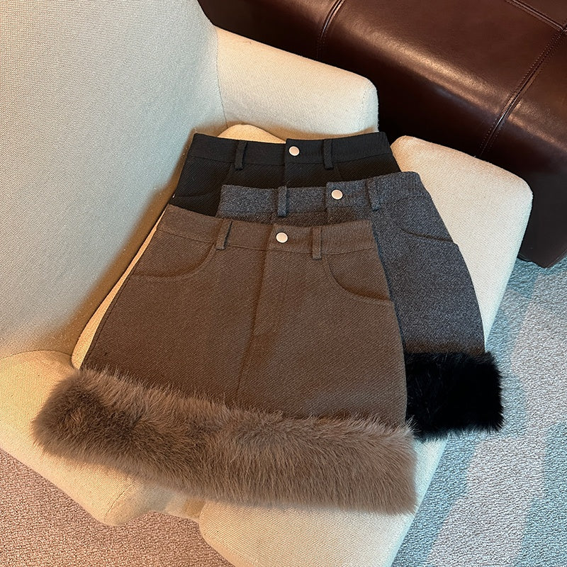 Fur Trim Mini Skirt with High-Waist Fit