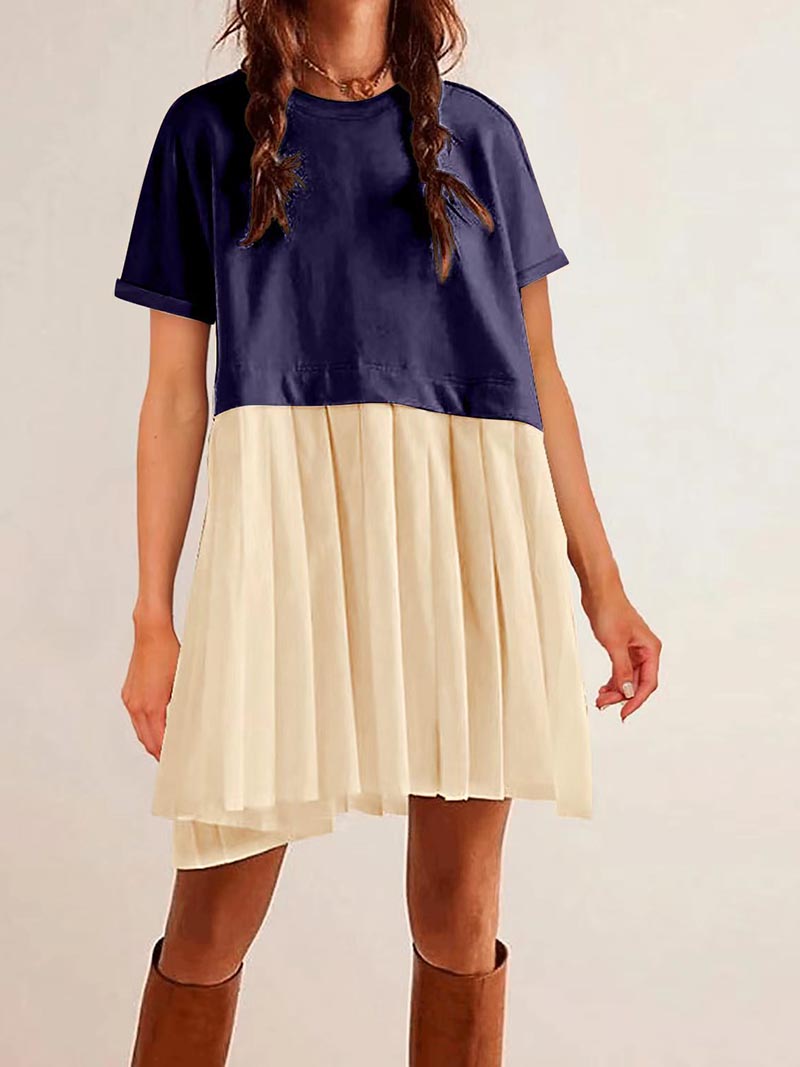 Pleated Patchwork Mini Dress