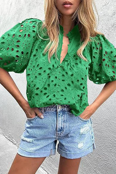 Eyelet Puff Sleeve Blouse