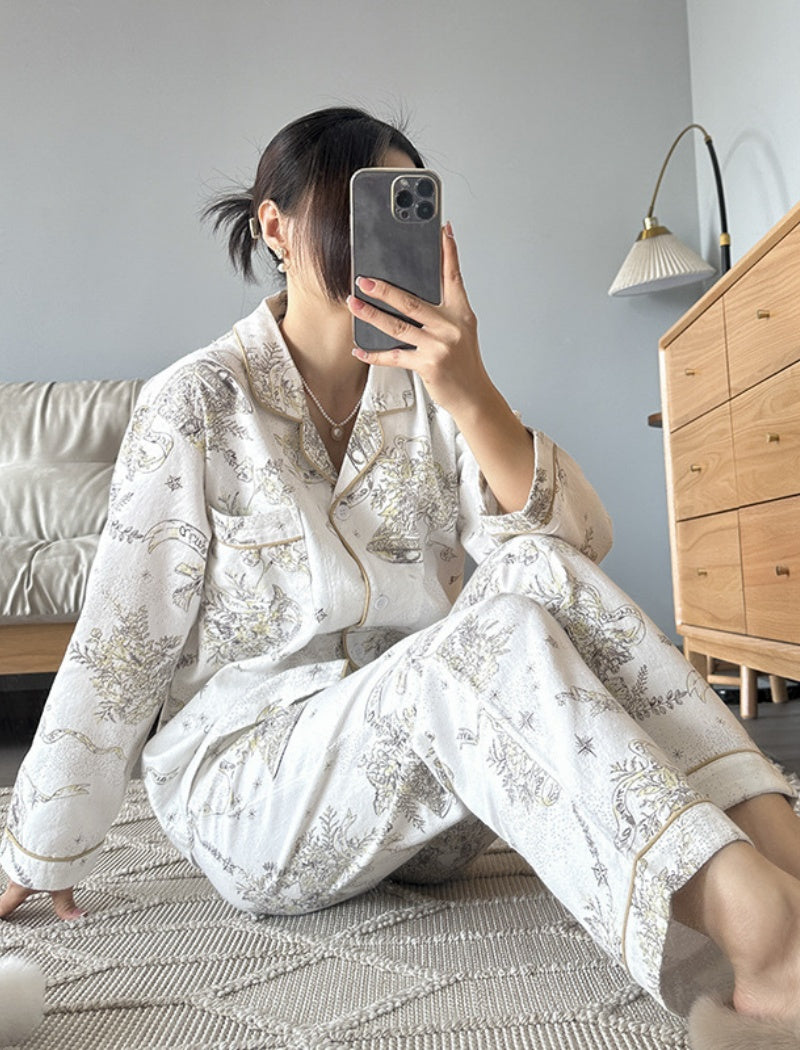 Printed Pajama Set with Piping Detail