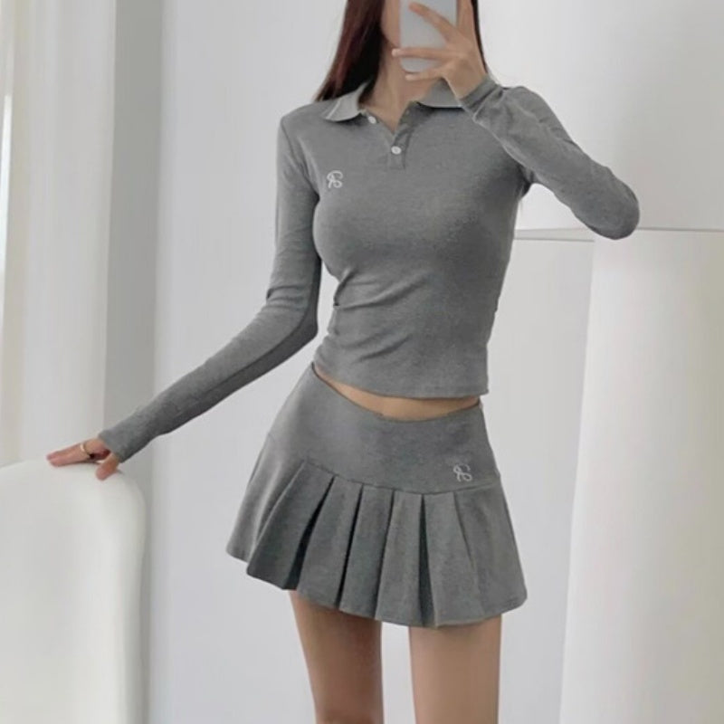 Polo Collar Colorblock Long Sleeve Top and Pleated Skirt Set