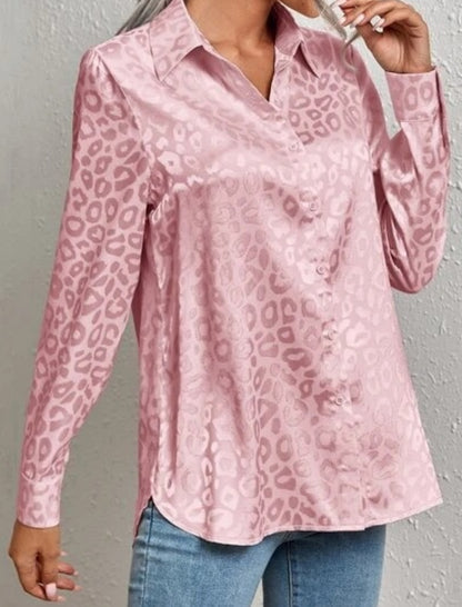 Leopard Print Satin Button-Up Top