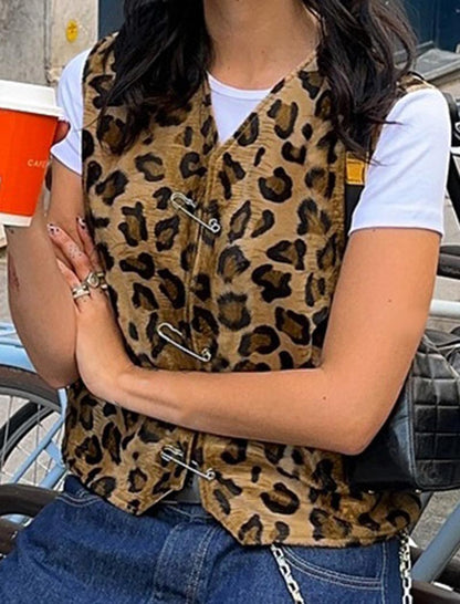 Toggle Fasten Fuzzy Leopard Vest