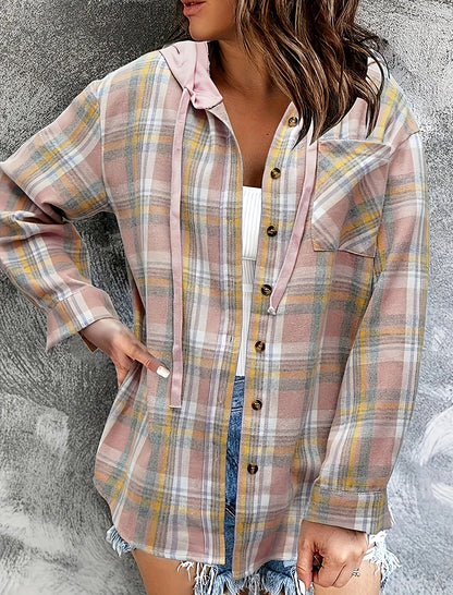 Hooded Plaid Button-Up Shirt