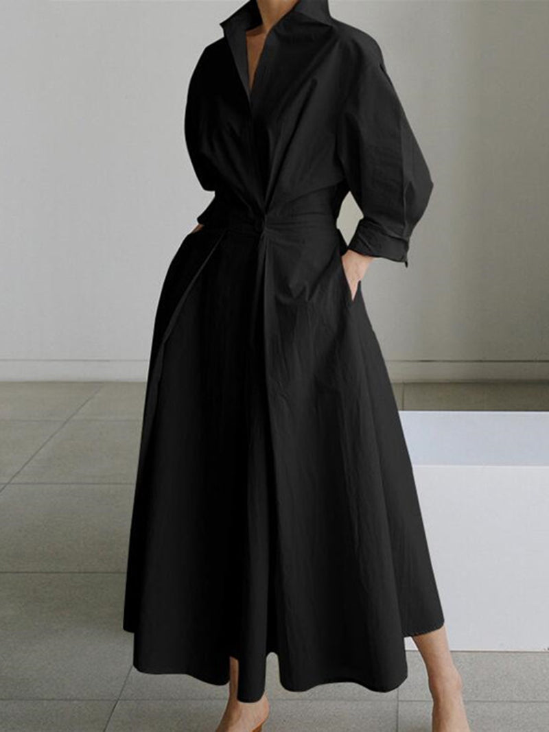 Pleated Waist Long Shirt Dress