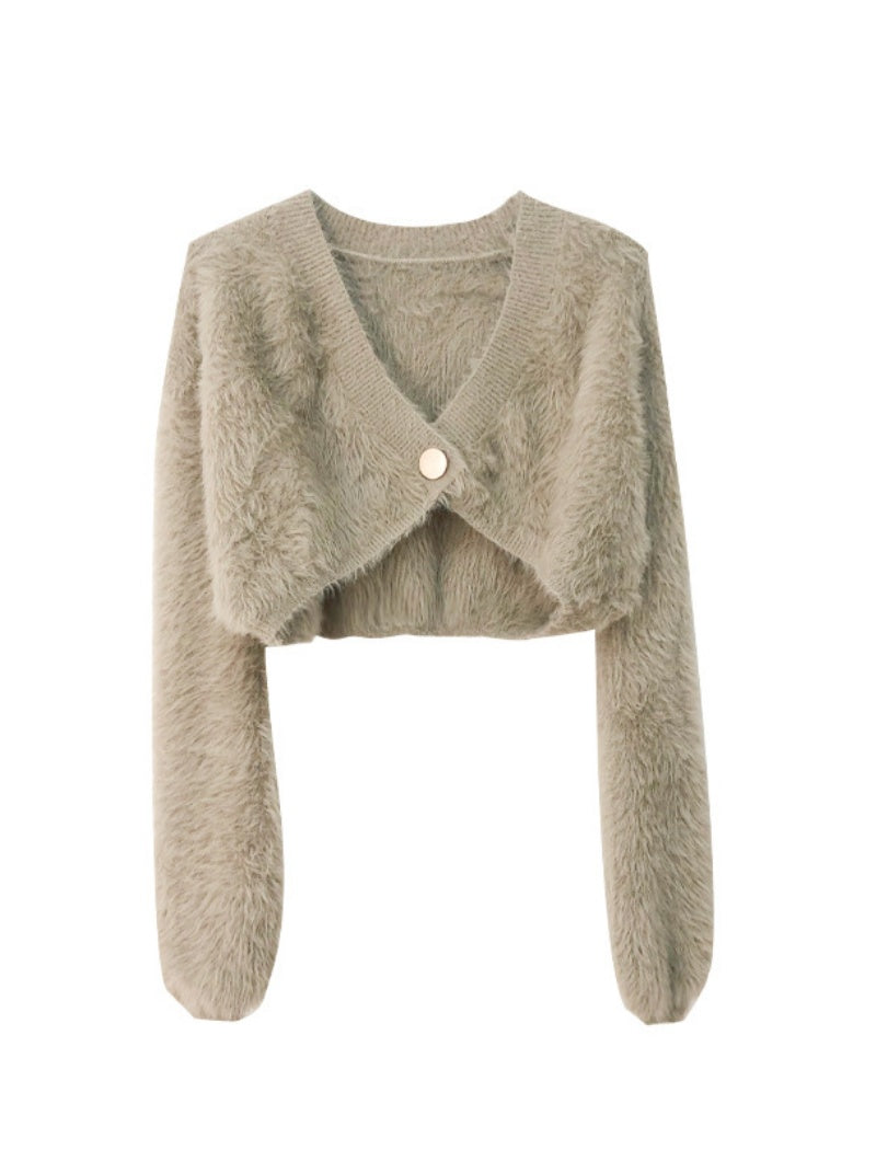 Cropped Furry Cardigan with Button Closure