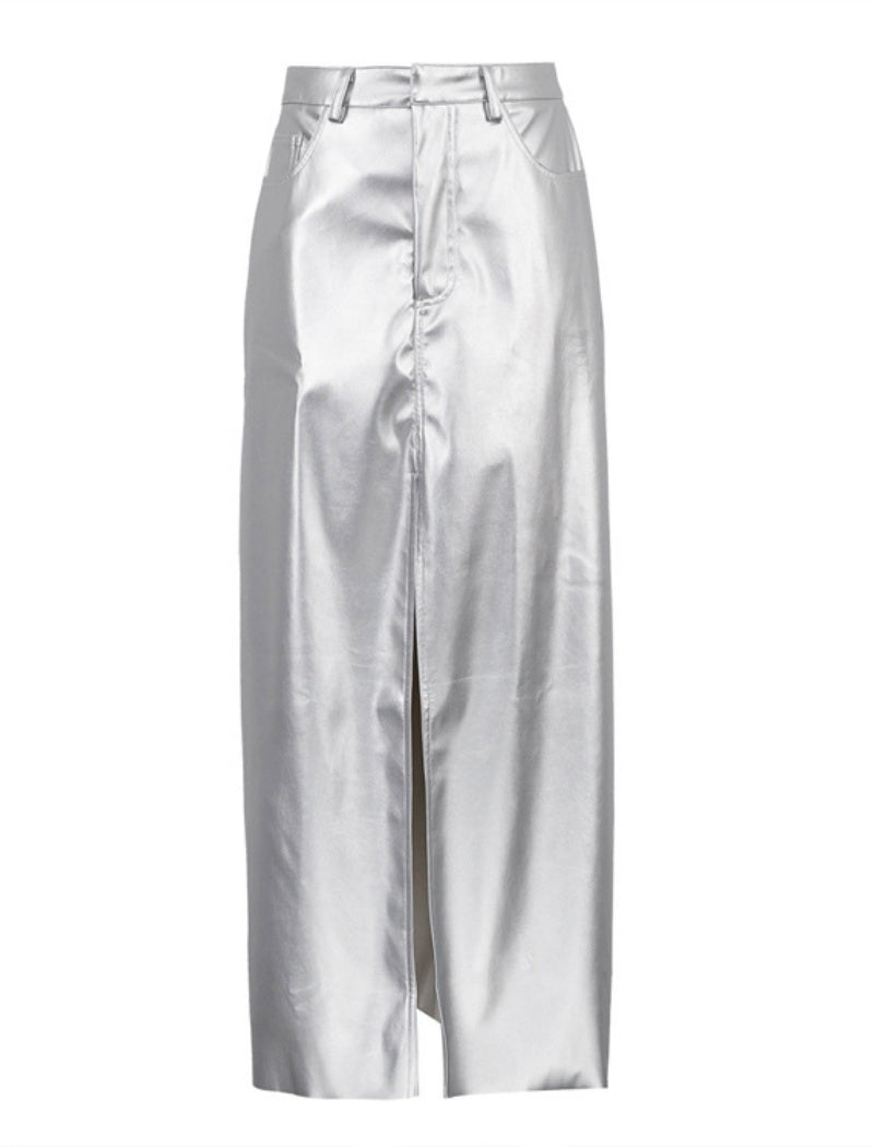 Metallic High-Waisted Maxi Skirt with Front Slit