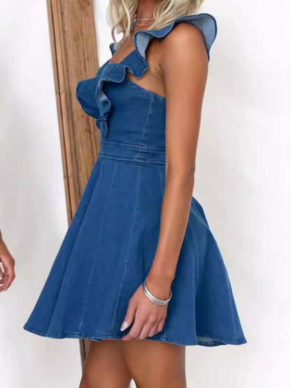 Ruffle Trim Denim Mini Dress