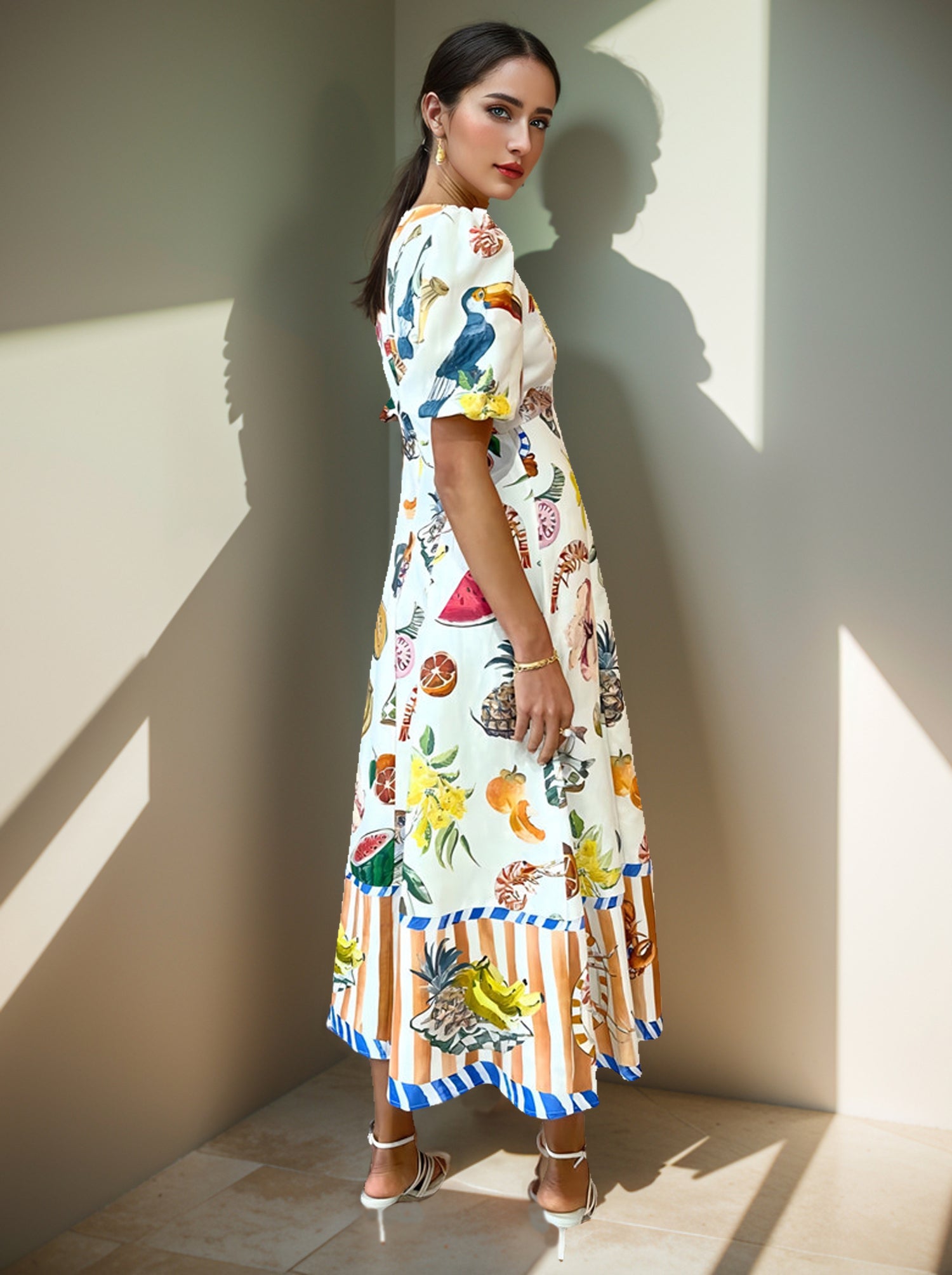 Graphic Print Puff Sleeve Midi Dress