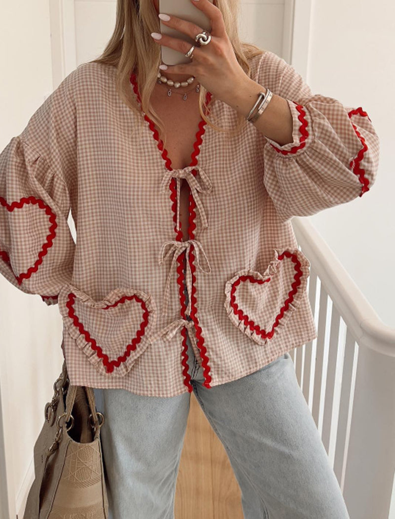 Heart Pocket Checkered Loose Long Sleeve Shirt