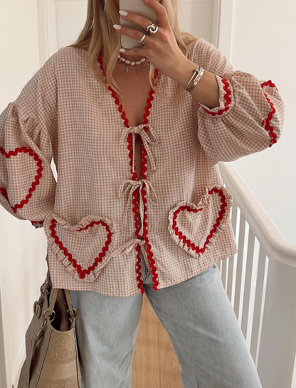 Heart Pocket Checkered Loose Long Sleeve Shirt